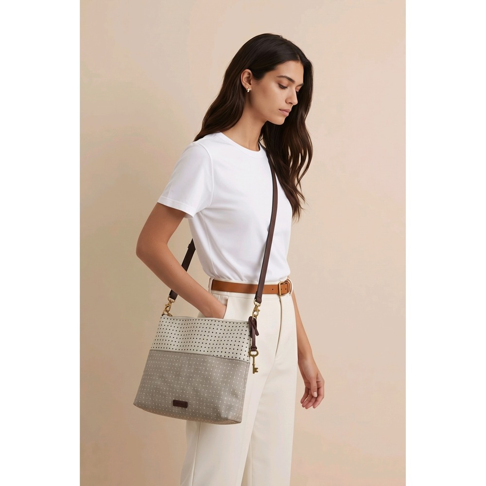 Fossil Crossbody Bag Heart Print Two Tone Canvas Leather Strap Cream Grey